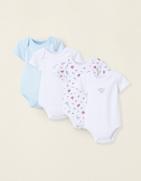 عبوة 4 بديهات قطنية بأكمام قصيرة للأولاد الرضع Octopus، أبيض/أزرق