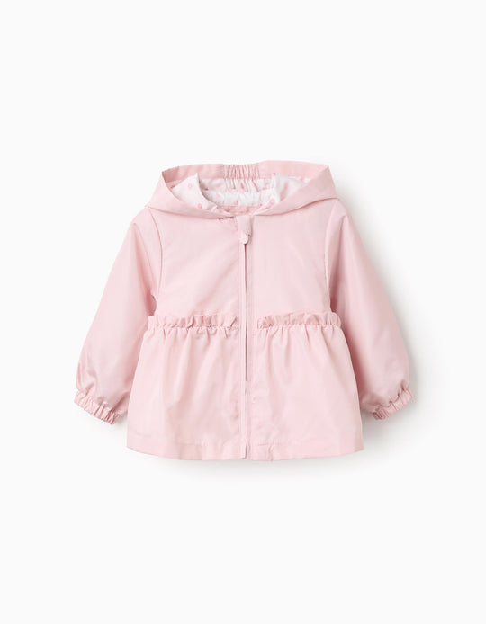 جاكيت واقٍ بغطاء رأس وكشكش للفتيات الرضع، زهري