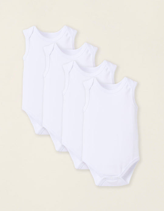 عبوة 4 بديهات قطنية بلا أكمام للمواليد، أبيض