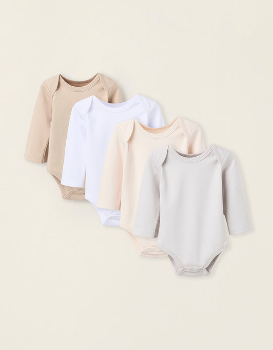 Pack of 4 Cotton Bodysuits for Newborns and Babies 'Pastel', White/Beige