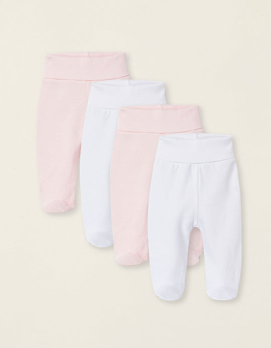 Pack of 4 Footed Trousers for Baby Girls 'Extra Comfy', White/Pink