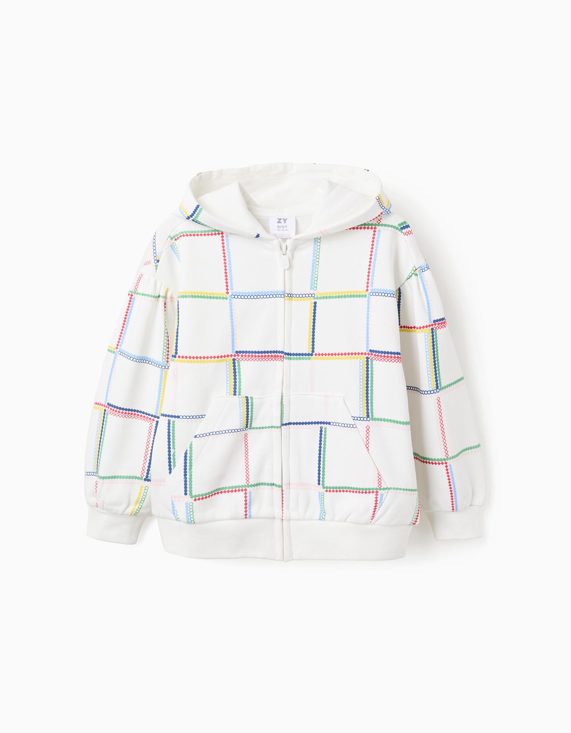 Cotton Hooded Jacket with Colourful Motif for Girls, White | Ziddy KSA