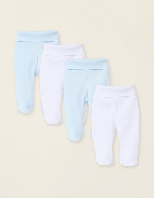 Pack of 4 Footed Cotton Trousers for Newborns and Babies, White/Blue