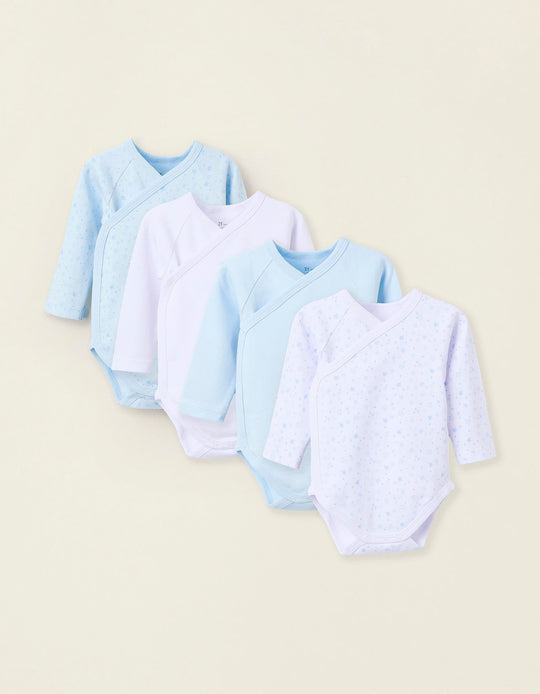 Pack of 4 Cotton Wrapover Bodysuits for Newborns and Babies 'Stars', White/Blue