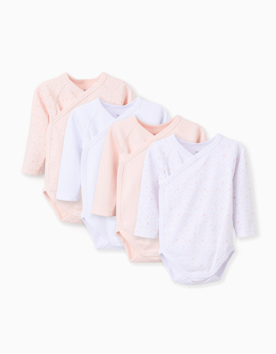 Pack of 4 Cotton Bodysuits for Newborn Girls and Babies 'Stars', White/Pink