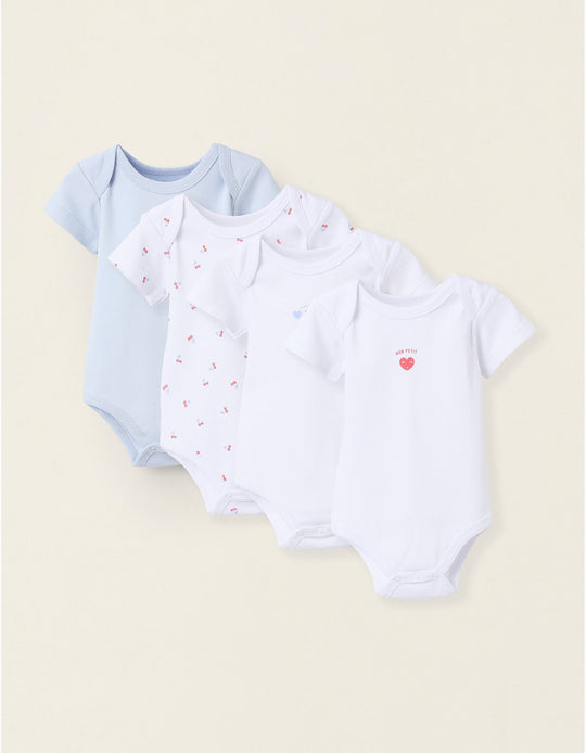 عبوة 4 بديهات قطنية بأكمام قصيرة للبنات الرضع Hearts، أبيض/أزرق