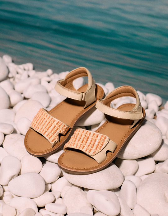 Leather Sandals with Beads for Girls, Beige
