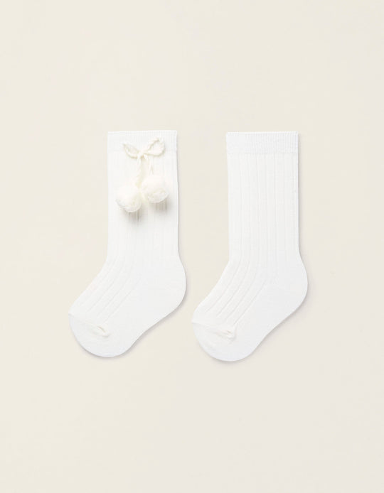Ribbed Knee-High Socks with Pompoms for Baby Girls, White