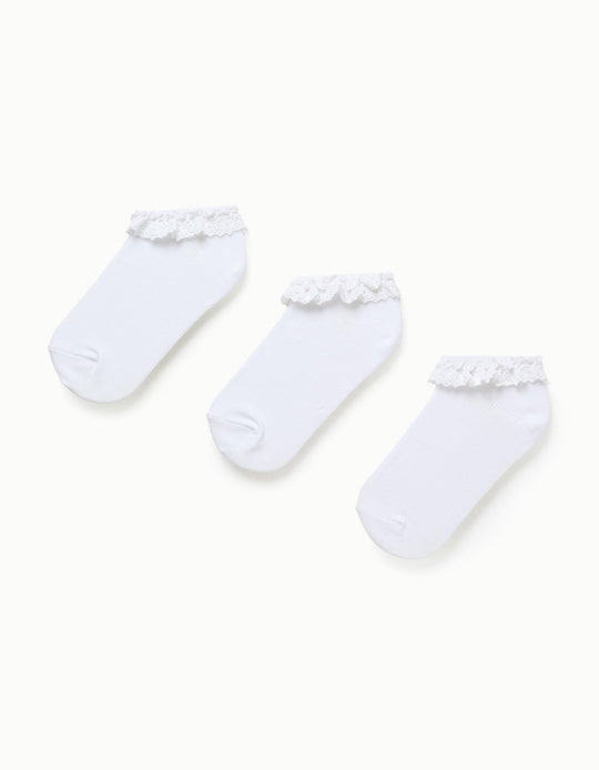 Pack of 3 Ankle Socks with Crochet Ruffles for Girls, White