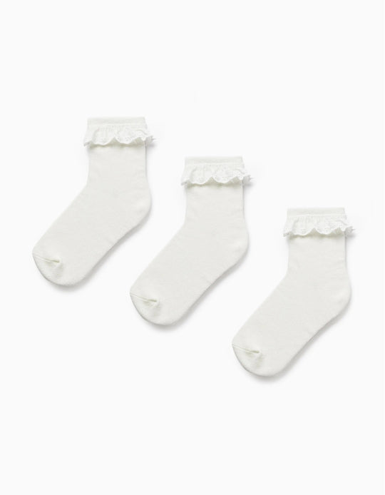 Pack of 3 Pairs of Socks with Broderie Anglaise for Girls, White