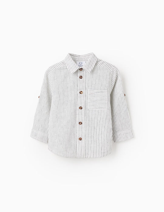 قميص قطن وكتان بجيب للأولاد الرضع، أبيض/أسود