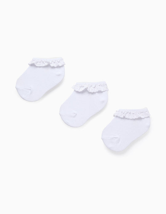Pack of 3 Ankle Socks with Crochet Ruffles for Baby Girls, White