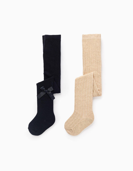 Pack of 2 Tights Ribbed/with Bow for Baby Girls, Beige/Dark Blue