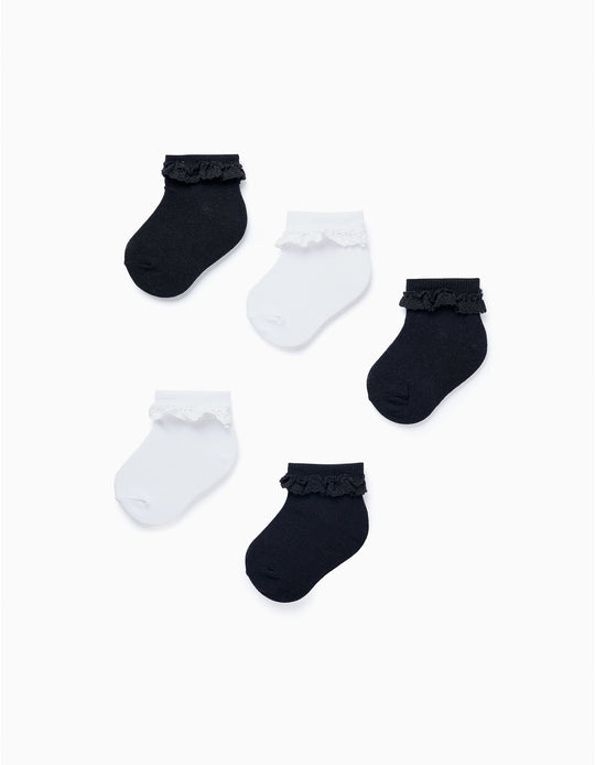 Pack of 5 Pairs of Socks with Crochet for Baby Girls, White/Blue