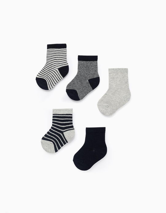 Pack of 5 Pairs of Socks for Baby Boys 'Stripes', Dark Blue/Grey