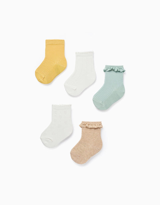 Pack of 5 Pairs of Socks for Baby Girls, Yellow/White/Beige/Green