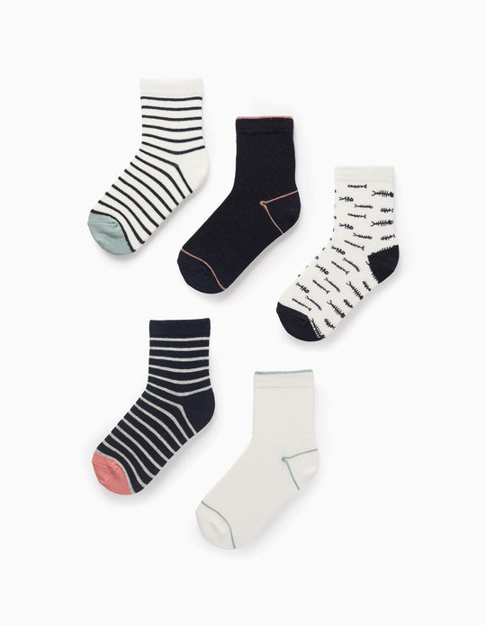 Pack of 5 Pairs of Socks for Girls 'Fish', Blue/White/Pink/Green