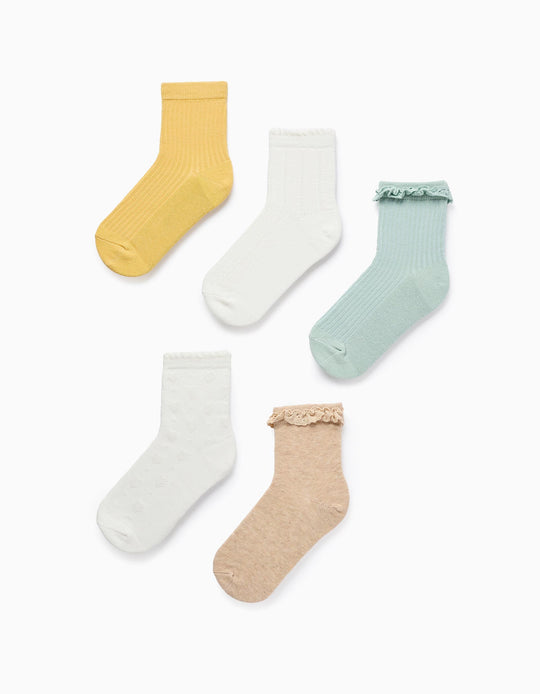 باك من 5 أزواج جوارب للبنات، أصفر/أبيض/بيج/أخضر