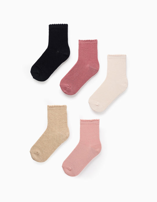 Pack of 5 Pairs of Socks for Girls, Pink/Beige/Blue
