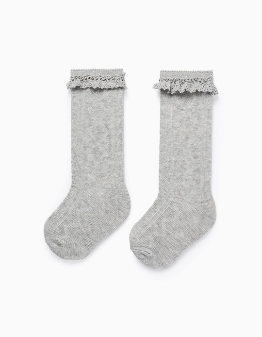 High Socks with Crochet Ruffles for Baby Girls, Grey