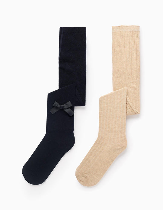 Pack of 2 Tights Ribbed/with Bow for Girls, Beige/Dark Blue