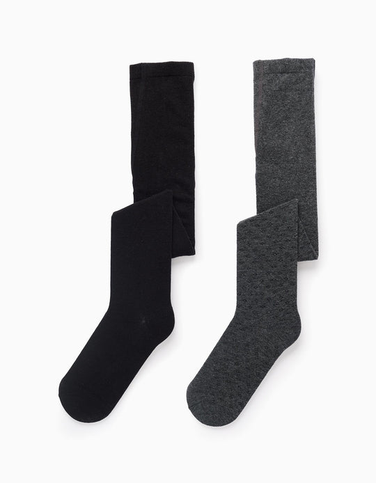 Pack of 2 Tights Plain/Rhombus for Girls, Grey/Black