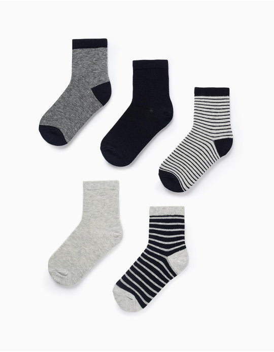Pack of 5 Pairs of Socks for Boys 'Stripes', Dark Blue/Grey