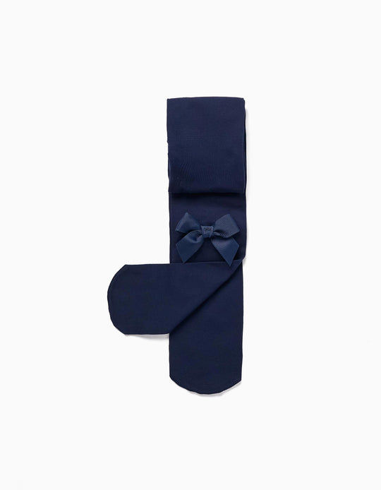 Microfiber Tights with Bow for Baby Girls, Dark Blue