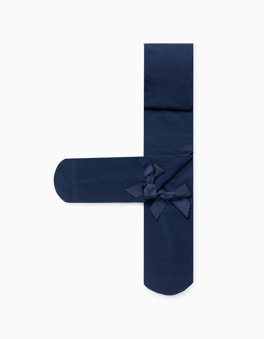 Microfiber Tights with Bow for Girls, Dark Blue