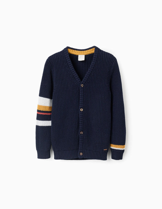 Ribbed cardigan with stripes for boys, dark blue