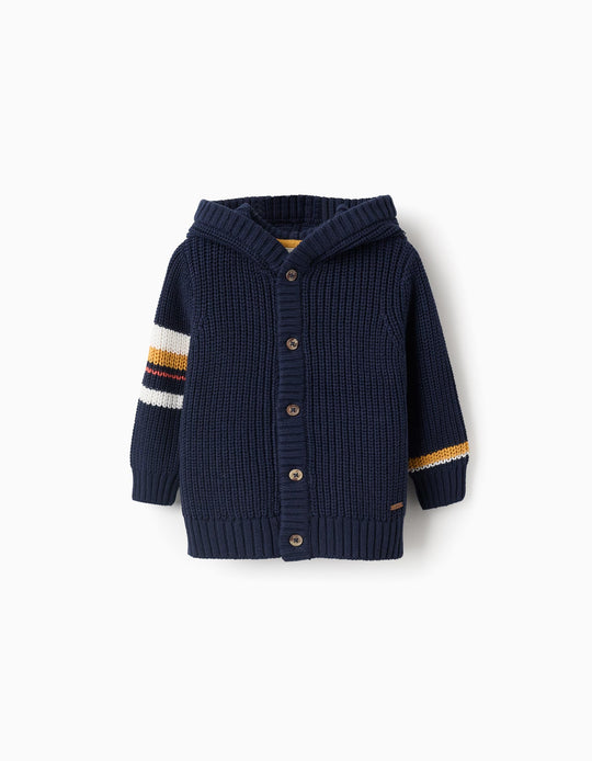 Ribbed Cardigan with Hood and Stripes for Baby Boys, Blue