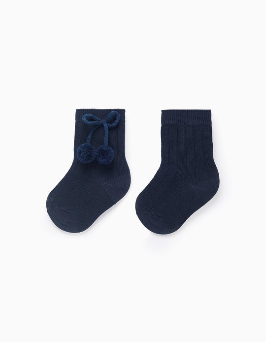 High Socks with Pompons for Baby Girls, Dark Blue
