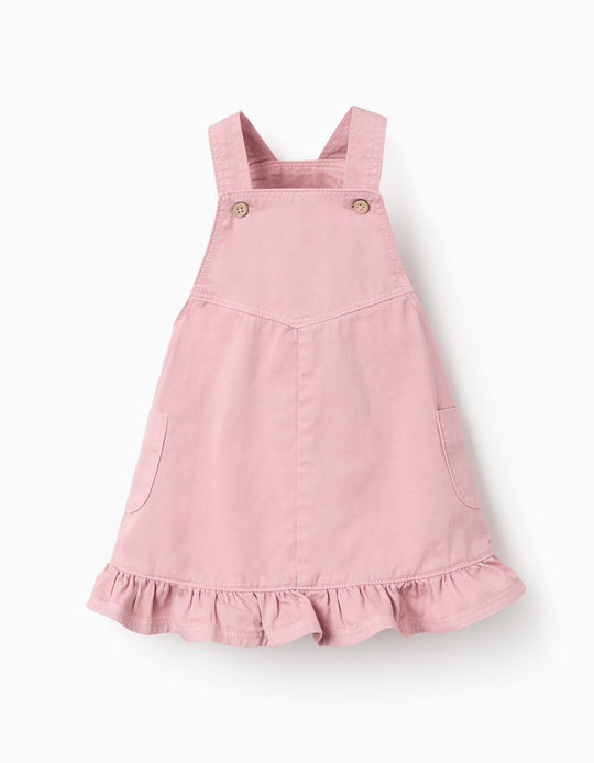 فستان مريلة تويل بكشكش للفتيات الرضع، زهري