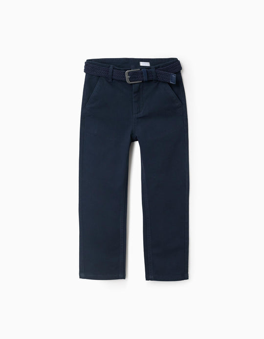 Twill Chino Trousers with Belt for Boys 'Straight Fit', Blue
