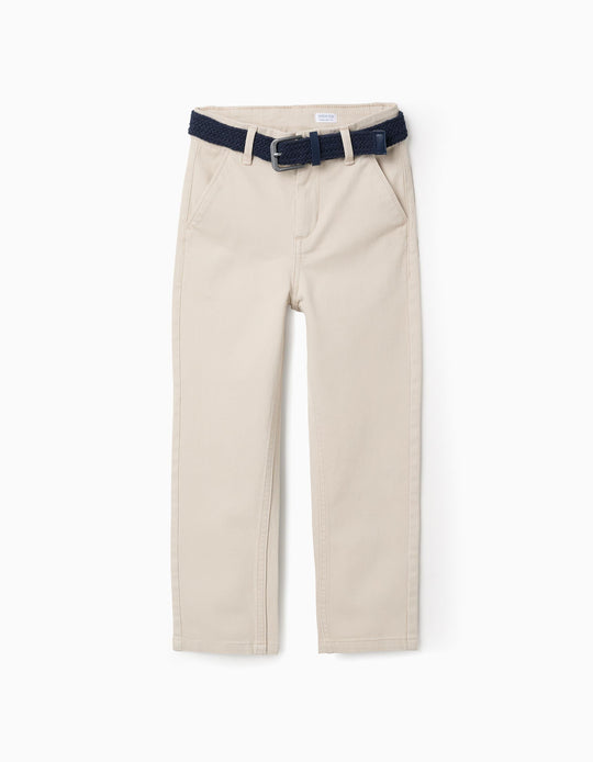 Twill Chino Trousers with Belt for Boys 'Straight Fit', Beige