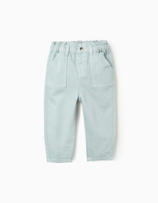 Paperbag Twill Trousers for Baby Girls, Aqua Green