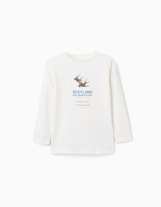 Long sleeve cotton T-shirt 'bird observatory' for boys, white