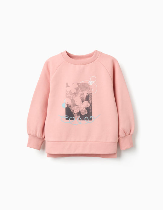 Brushed sweatshirt with front print for girls, salmon orange
