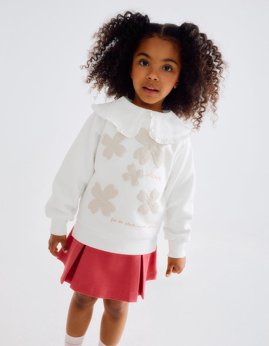 سويتشيرت بنقوش أزهار بارزة للفتيات، أبيض