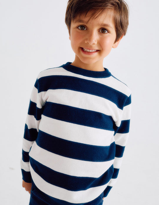 كنزة محبوكة مخططة خفيفة للأولاد، أبيض/أزرق داكن