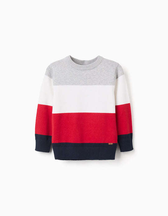 Striped knit jumper for boys, grey/white/red/blue
