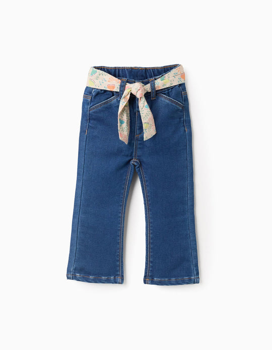 Floral Belted Jeans for Baby Girls, Blue