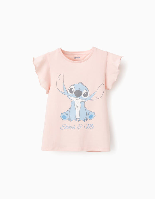 Cotton T-Shirt with Ruffles for Girls ‘Stitch’, Light Pink