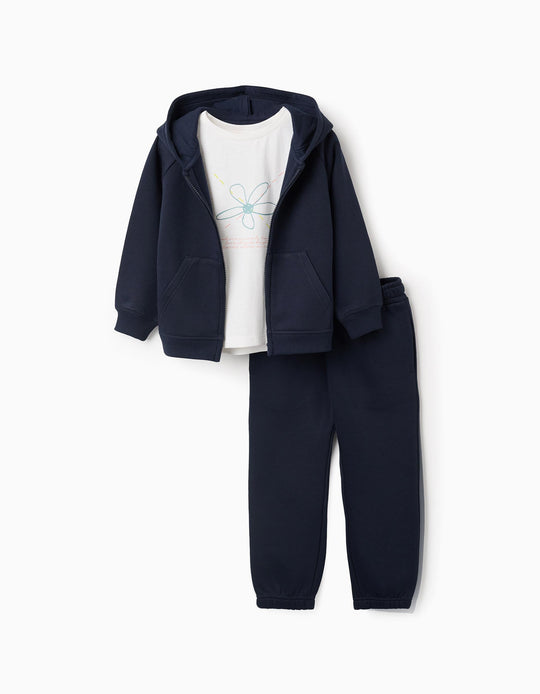Hooded jacket + T-shirt + trousers for girls, dark blue/white