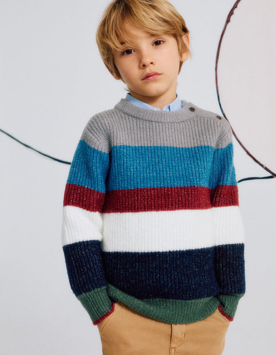 Striped Knitted Jumper with Buttons for Boys, Multicolour