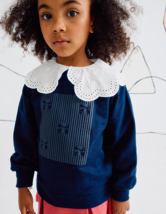 سويتشيرت بطبعة بارزة للفتيات "Bows"، أزرق داكن