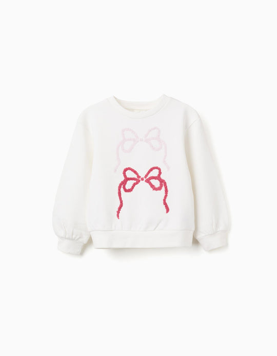 Cotton Sweatshirt with Embroidered Bows for Girls, White