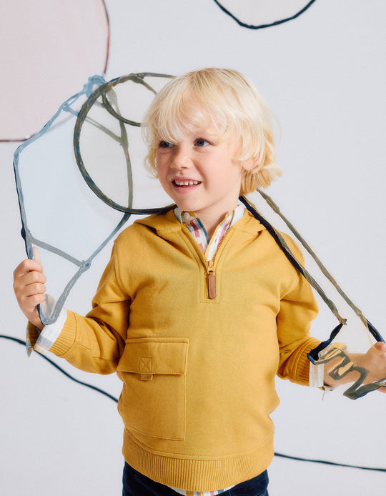 سويتشيرت قطن بغطاء رأس وسحّاب للأولاد، أصفر