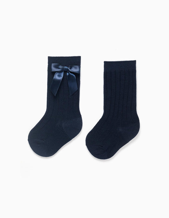 Ribbed Knee High Socks with Bow for Baby Girls, Dark Blue