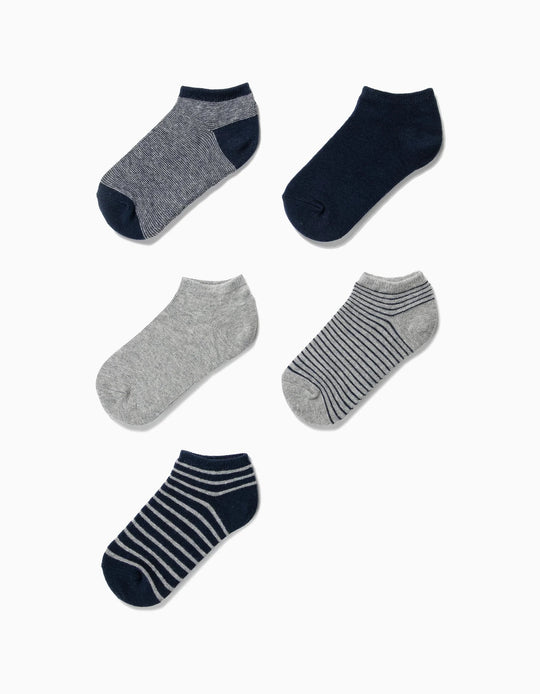 Pack of 5 Pairs of Plain/Striped Ankle Socks for Boys, Blue/Grey